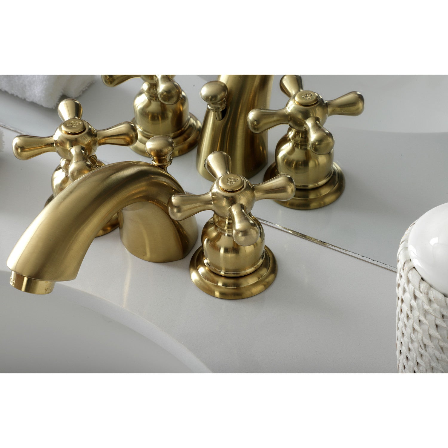 Kingston Heirloom KB947AXSB - Victorian Two-Handle 3-Hole Deck Mount Mini-Widespread Bathroom Faucet with Pop-Up Drain, Brushed Brass — thumbnail 2